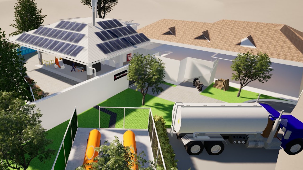 Visualización arquitectónica de una planta con paneles solares y área de servicio